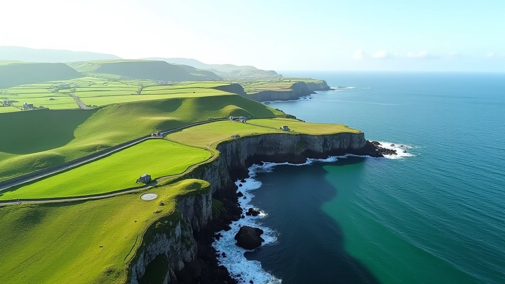 Serene coastal landscape of Inishmore with rolling green hills, ancient stone structures, and Atlantic Ocean views
